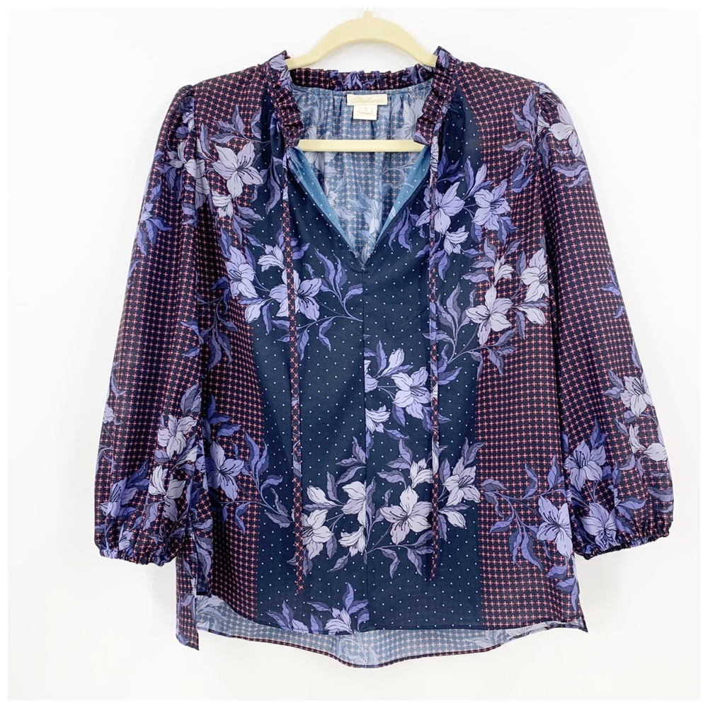 Shoshanna Mixed Floral Print Chiffon Ruffle Tie Neck 3/4 Sleeve Blouse S… - Picture 4 of 13